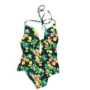 Xhilaration One-Piece Swimsuit Tropical Print Halter Neck‎ Summer Vacation M